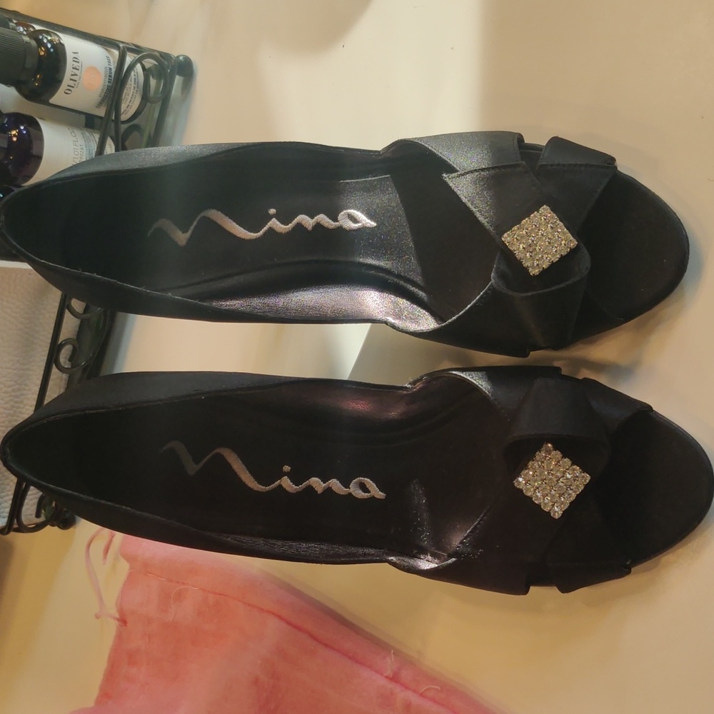 Nina Black Satin Heels with Bow and Rhinestones